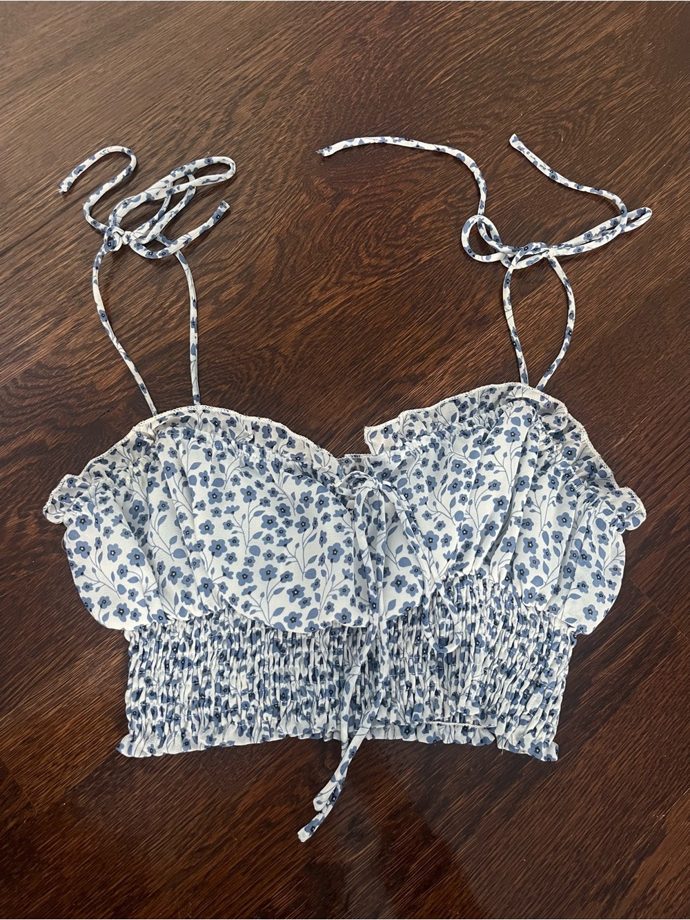 Princess Polly Blue & White Floral Smocked Crop Top with Tie Straps